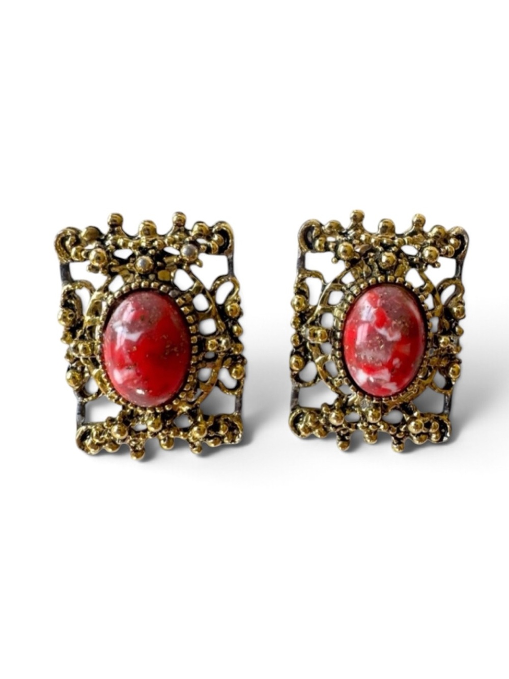Vintage Ornate Earrings with Marbled Red Stone